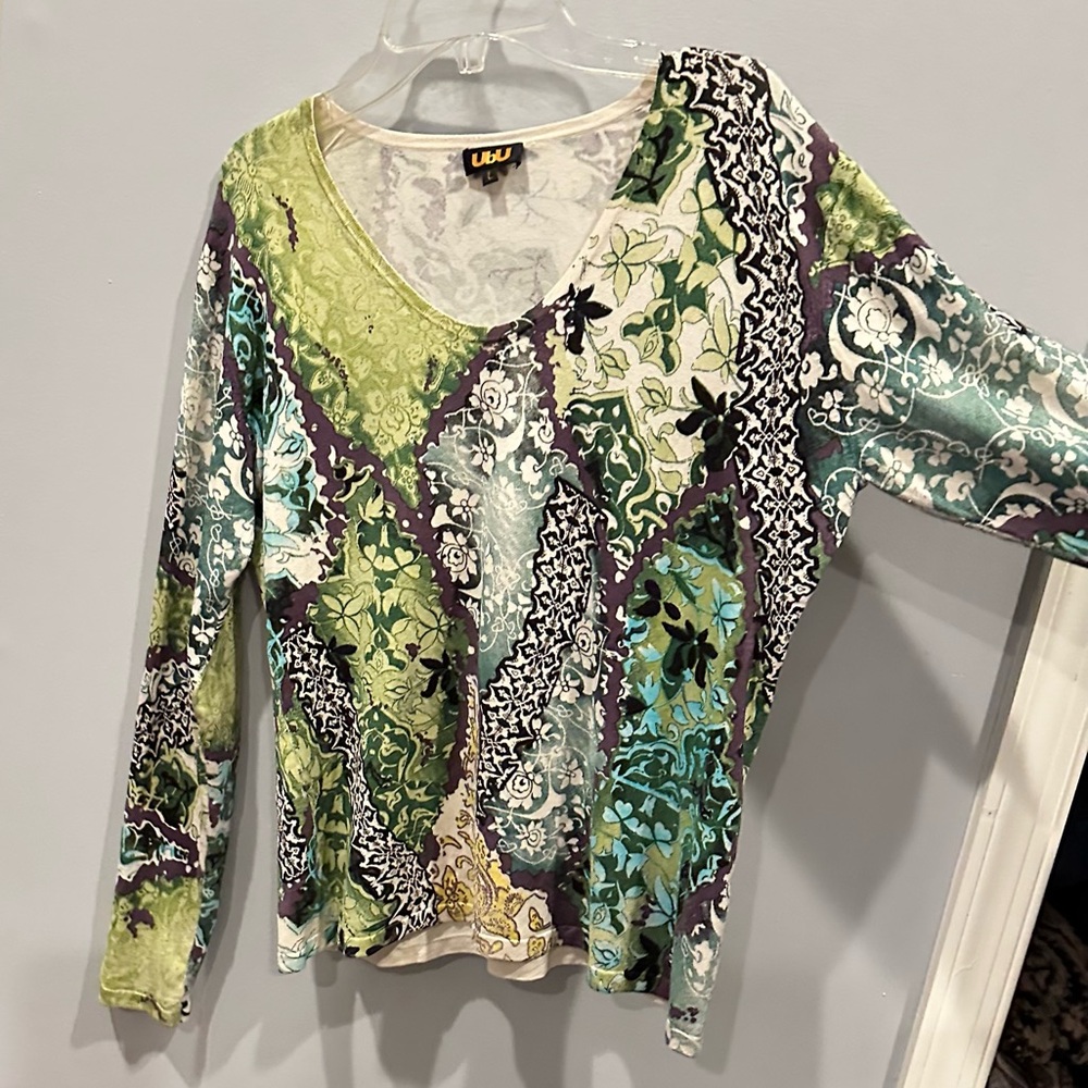Silk Lightweight Knit Long Sleeve Sweater V-Neck Abstract Floral Y2K Grunge Lg - Picture 10 of 16